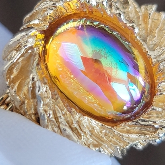 Goldtone Cufflinks Amber Tone Cabachon Aurora Borealis Finish #1182 - Picture 9 of 13